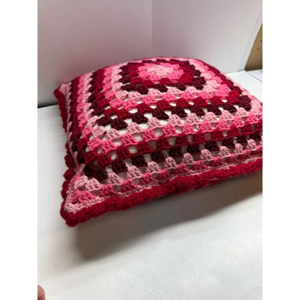 Handmade Crochet Granny Square Throw Pillow Pink Red Burgundy Retro Decorative